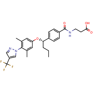 Chemical structure of (S)-3-(4-(1-(3,5-dimethyl-4-(4-(trifluoromethyl)-1H-pyrazol-1-yl)phenoxy)butyl)benzamido)propanoic acid , CAS 1393124-08-7, AChemBlock Q65618