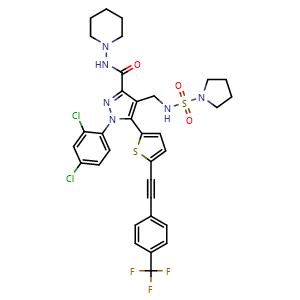 Chemical structure of 1-(2,4-dichlorophenyl)-N-(piperidin-1-yl)-4-((pyrrolidine-1-sulfonamido)methyl)-5-(5-((4-(trifluoromethyl)phenyl)ethynyl)thiophen-2-yl)-1H-pyrazole-3-carboxamide , CAS 1429239-98-4, AChemBlock Q65619
