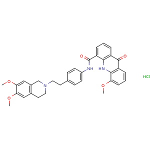 Chemical structure of N-(4-(2-(6,7-dimethoxy-3,4-dihydroisoquinolin-2(1H)-yl)ethyl)phenyl)-5-methoxy-9-oxo-9,10-dihydroacridine-4-carboxamide hydrochloride , CAS 143851-98-3, AChemBlock Q65677