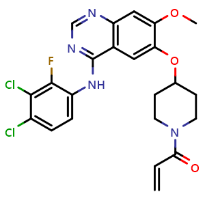 Chemical structure of 1-(4-((4-((3,4-dichloro-2-fluorophenyl)amino)-7-methoxyquinazolin-6-yl)oxy)piperidin-1-yl)prop-2-en-1-one , CAS 1092364-38-9, AChemBlock Q65680