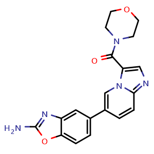 Chemical structure of (6-(2-aminobenzo[d]oxazol-5-yl)imidazo[1,2-a]pyridin-3-yl)(morpholino)methanone , CAS 1268454-23-4, AChemBlock Q65706