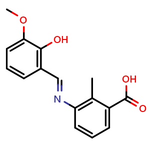 Chemical structure of (E)-3-((2-hydroxy-3-methoxybenzylidene)amino)-2-methylbenzoic acid , CAS 363600-92-4, AChemBlock Q65709