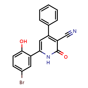 Chemical structure of 6-(5-bromo-2-hydroxyphenyl)-2-oxo-4-phenyl-1,2-dihydropyridine-3-carbonitrile , CAS 491871-58-0, AChemBlock Q65710