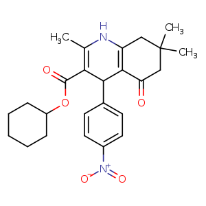 Chemical structure of cyclohexyl 2,7,7-trimethyl-4-(4-nitrophenyl)-5-oxo-1,4,5,6,7,8-hexahydroquinoline-3-carboxylate , CAS 313967-18-9, AChemBlock Q65713