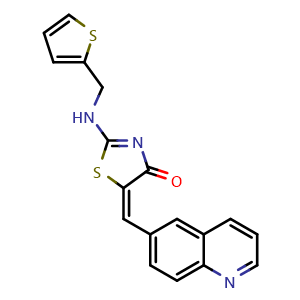 Chemical structure of (E)-5-(quinolin-6-ylmethylene)-2-((thiophen-2-ylmethyl)amino)thiazol-4(5H)-one , CAS 872573-93-8, AChemBlock Q65715