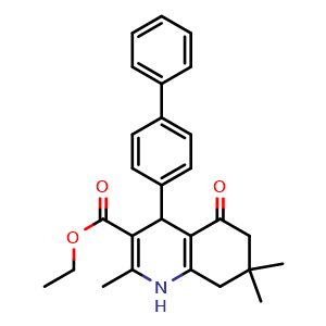 Chemical structure of ethyl 4-([1,1'-biphenyl]-4-yl)-2,7,7-trimethyl-5-oxo-1,4,5,6,7,8-hexahydroquinoline-3-carboxylate , CAS 1099644-42-4, AChemBlock Q65722