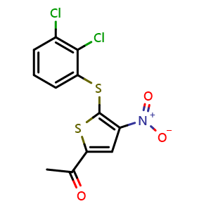 Chemical structure of 1-(5-((2,3-dichlorophenyl)thio)-4-nitrothiophen-2-yl)ethan-1-one , CAS 882257-11-6, AChemBlock Q65728