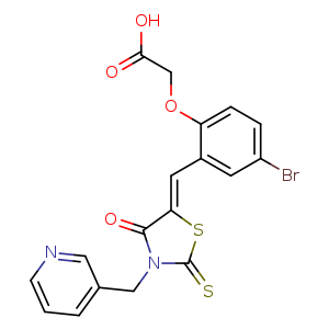 Chemical structure of (Z)-2-(4-bromo-2-((4-oxo-3-(pyridin-3-ylmethyl)-2-thioxothiazolidin-5-ylidene)methyl)phenoxy)acetic acid , CAS 432001-69-9, AChemBlock Q65732