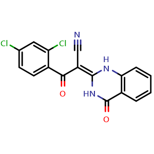 Chemical structure of (Z)-3-(2,4-dichlorophenyl)-3-oxo-2-(4-oxo-3,4-dihydroquinazolin-2(1H)-ylidene)propanenitrile , CAS 302803-72-1, AChemBlock Q65733