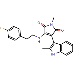 Chemical structure of 3-((4-fluorophenethyl)amino)-1-methyl-4-(2-methyl-1H-indol-3-yl)-1H-pyrrole-2,5-dione , CAS 1129669-05-1, AChemBlock Q65735