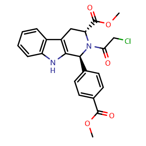 Chemical structure of methyl (1S,3R)-2-(2-chloroacetyl)-1-(4-(methoxycarbonyl)phenyl)-2,3,4,9-tetrahydro-1H-pyrido[3,4-b]indole-3-carboxylate , CAS 1219810-16-8, AChemBlock Q65736