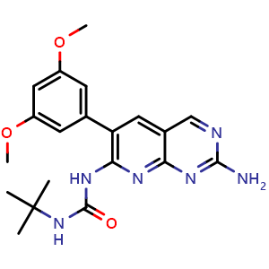 Chemical structure of 1-(2-amino-6-(3,5-dimethoxyphenyl)pyrido[2,3-d]pyrimidin-7-yl)-3-(tert-butyl)urea , CAS 192705-79-6, AChemBlock Q65744
