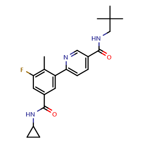 Chemical structure of 6-(5-(cyclopropylcarbamoyl)-3-fluoro-2-methylphenyl)-N-neopentylnicotinamide , CAS 585543-15-3, AChemBlock Q65752