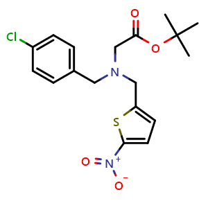 Chemical structure of tert-butyl N-(4-chlorobenzyl)-N-((5-nitrothiophen-2-yl)methyl)glycinate , CAS 1216744-19-2, AChemBlock Q65757