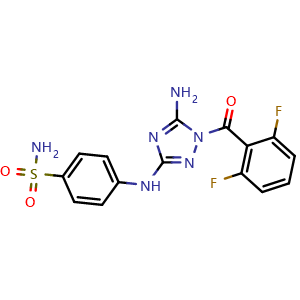 Chemical structure of 4-((5-amino-1-(2,6-difluorobenzoyl)-1H-1,2,4-triazol-3-yl)amino)benzenesulfonamide , CAS 443797-96-4, AChemBlock Q65763
