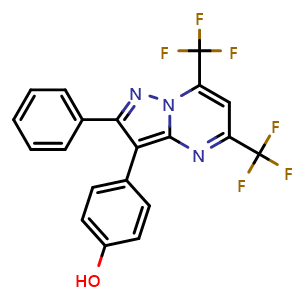 Chemical structure of 4-(2-phenyl-5,7-bis(trifluoromethyl)pyrazolo[1,5-a]pyrimidin-3-yl)phenol , CAS 805239-56-9, AChemBlock Q65764