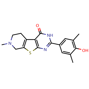 Chemical structure of 2-(4-hydroxy-3,5-dimethylphenyl)-7-methyl-5,6,7,8-tetrahydropyrido[4',3':4,5]thieno[2,3-d]pyrimidin-4(3H)-one , CAS 2118944-88-8, AChemBlock Q65767
