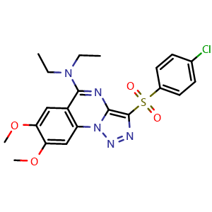 Chemical structure of 3-((4-chlorophenyl)sulfonyl)-N,N-diethyl-7,8-dimethoxy-[1,2,3]triazolo[1,5-a]quinazolin-5-amine , CAS 1200443-21-5, AChemBlock Q65771
