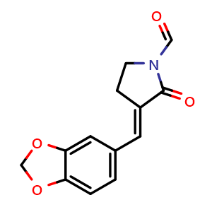 Chemical structure of (E)-3-(benzo[d][1,3]dioxol-5-ylmethylene)-2-oxopyrrolidine-1-carbaldehyde , CAS 218924-25-5, AChemBlock Q65798