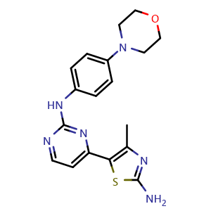 Chemical structure of 4-methyl-5-(2-((4-morpholinophenyl)amino)pyrimidin-4-yl)thiazol-2-amine , CAS 693228-63-6, AChemBlock Q65804