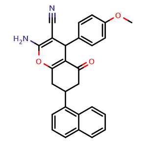 Chemical structure of 2-amino-4-(4-methoxyphenyl)-7-(naphthalen-1-yl)-5-oxo-5,6,7,8-tetrahydro-4H-chromene-3-carbonitrile , CAS 1118460-77-7, AChemBlock Q65805
