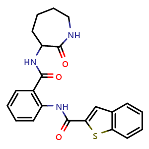 Chemical structure of N-(2-((2-oxoazepan-3-yl)carbamoyl)phenyl)benzo[b]thiophene-2-carboxamide , CAS 219766-25-3, AChemBlock Q65810