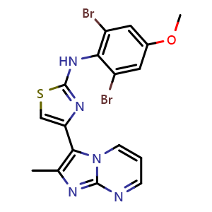 Chemical structure of N-(2,6-dibromo-4-methoxyphenyl)-4-(2-methylimidazo[1,2-a]pyrimidin-3-yl)thiazol-2-amine , CAS 315704-66-6, AChemBlock Q65812