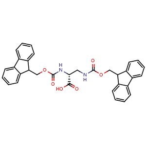 Chemical structure of (R)-2,3-bis((((9H-fluoren-9-yl)methoxy)carbonyl)amino)propanoic acid , CAS 1217631-22-5, AChemBlock Q65827