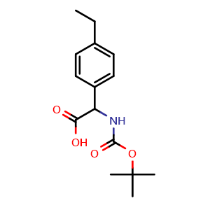 Chemical structure of 2-((tert-butoxycarbonyl)amino)-2-(4-ethylphenyl)acetic acid , CAS 1404877-96-8, AChemBlock Q65859