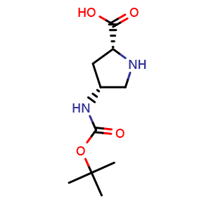 Chemical structure of (2R,4R)-4-((tert-butoxycarbonyl)amino)pyrrolidine-2-carboxylic acid , CAS 1279038-29-7, AChemBlock Q65861