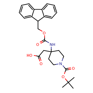 Chemical structure of 2-(4-((((9H-fluoren-9-yl)methoxy)carbonyl)amino)-1-(tert-butoxycarbonyl)piperidin-4-yl)acetic acid , CAS 946682-26-4, AChemBlock Q65864