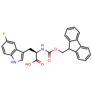 Chemical structure of (R)-2-((((9H-fluoren-9-yl)methoxy)carbonyl)amino)-3-(5-fluoro-1H-indol-3-yl)propanoic acid , CAS 1257852-79-1, AChemBlock Q65865
