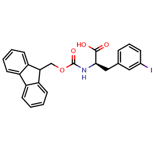 Chemical structure of (R)-2-((((9H-fluoren-9-yl)methoxy)carbonyl)amino)-3-(3-iodophenyl)propanoic acid , CAS 478183-67-4, AChemBlock Q65884