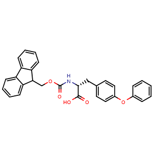 Chemical structure of (R)-2-((((9H-fluoren-9-yl)methoxy)carbonyl)amino)-3-(4-phenoxyphenyl)propanoic acid , CAS 914792-92-0, AChemBlock Q65889