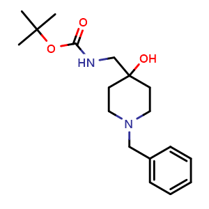 Chemical structure of tert-butyl ((1-benzyl-4-hydroxypiperidin-4-yl)methyl)carbamate , CAS 177948-01-5, AChemBlock Q66127