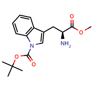 Chemical structure of tert-butyl (S)-3-(2-amino-3-methoxy-3-oxopropyl)-1H-indole-1-carboxylate , CAS 96238-70-9, AChemBlock Q66242