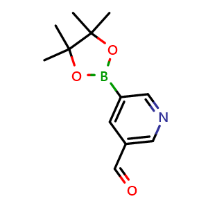 Chemical structure of 5-(4,4,5,5-tetramethyl-1,3,2-dioxaborolan-2-yl)nicotinaldehyde , CAS 848093-29-8, AChemBlock Q66452