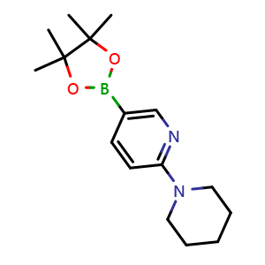 Chemical structure of 2-(piperidin-1-yl)-5-(4,4,5,5-tetramethyl-1,3,2-dioxaborolan-2-yl)pyridine , CAS 852228-08-1, AChemBlock Q66455