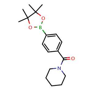 Chemical structure of piperidin-1-yl(4-(4,4,5,5-tetramethyl-1,3,2-dioxaborolan-2-yl)phenyl)methanone , CAS 938043-31-3, AChemBlock Q66600