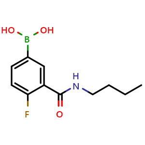Chemical structure of (3-(butylcarbamoyl)-4-fluorophenyl)boronic acid , CAS 874219-23-5, AChemBlock Q66637