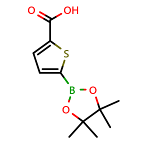 Chemical structure of 5-(4,4,5,5-tetramethyl-1,3,2-dioxaborolan-2-yl)thiophene-2-carboxylic acid , CAS 779335-05-6, AChemBlock Q66747