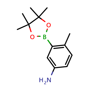 Chemical structure of 4-methyl-3-(4,4,5,5-tetramethyl-1,3,2-dioxaborolan-2-yl)aniline , CAS 882670-69-1, AChemBlock Q66754