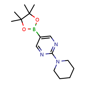 Chemical structure of 2-(piperidin-1-yl)-5-(4,4,5,5-tetramethyl-1,3,2-dioxaborolan-2-yl)pyrimidine , CAS 1015242-08-6, AChemBlock Q66777