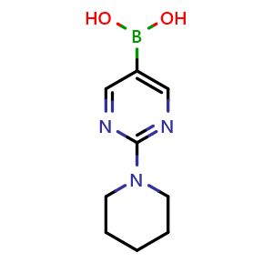 Chemical structure of (2-(piperidin-1-yl)pyrimidin-5-yl)boronic acid , CAS 1002128-86-0, AChemBlock Q66778
