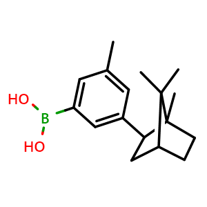 Chemical structure of (3-methyl-5-(1,7,7-trimethylbicyclo[2.2.1]heptan-2-yl)phenyl)boronic acid , CAS 870777-33-6, AChemBlock Q66837