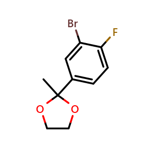 Chemical structure of 2-(3-Bromo-4-fluorophenyl)-2-methyl-1,3-dioxolane , CAS 210826-84-9, AChemBlock Q66921