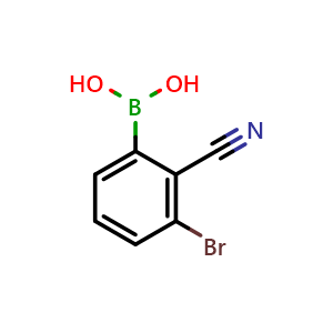 Chemical structure of (3-bromo-2-cyanophenyl)boronic acid , CAS 1032231-32-5, AChemBlock Q66987