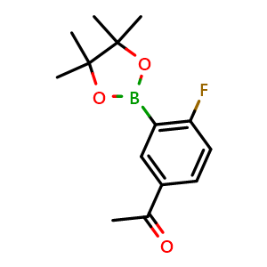 Chemical structure of 1-(4-fluoro-3-(4,4,5,5-tetramethyl-1,3,2-dioxaborolan-2-yl)phenyl)ethan-1-one , CAS 765916-70-9, AChemBlock Q67037