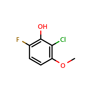 Chemical structure of 2-chloro-6-fluoro-3-methoxyphenol , CAS 1017777-60-4, AChemBlock Q67110
