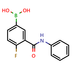 Chemical structure of (4-fluoro-3-(phenylcarbamoyl)phenyl)boronic acid , CAS 874219-33-7, AChemBlock Q67169